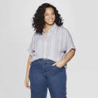 Women's Plus Size Striped Short Sleeve Camp Shirt - Universal Thread Blue