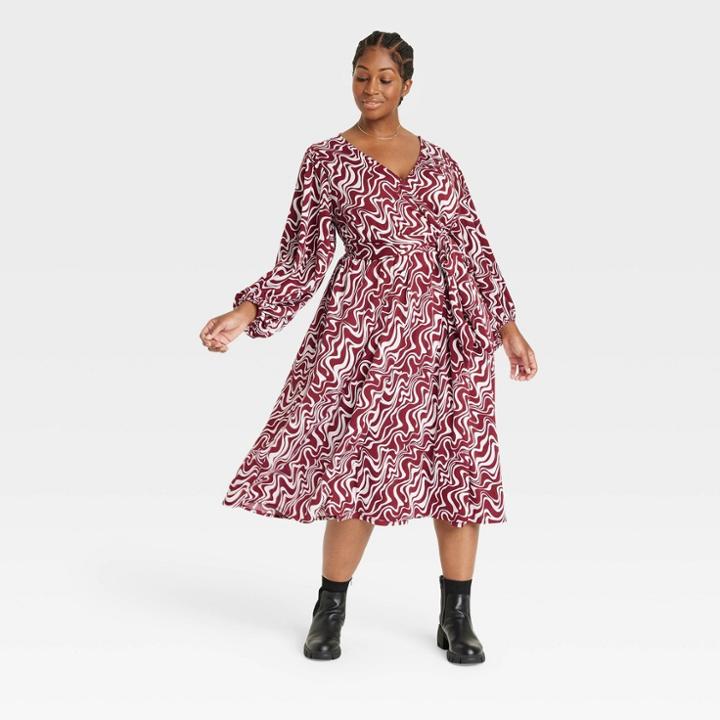 Women's Plus Size Balloon Long Sleeve Wrap Dress - Ava & Viv Burgundy Swirl X, Red