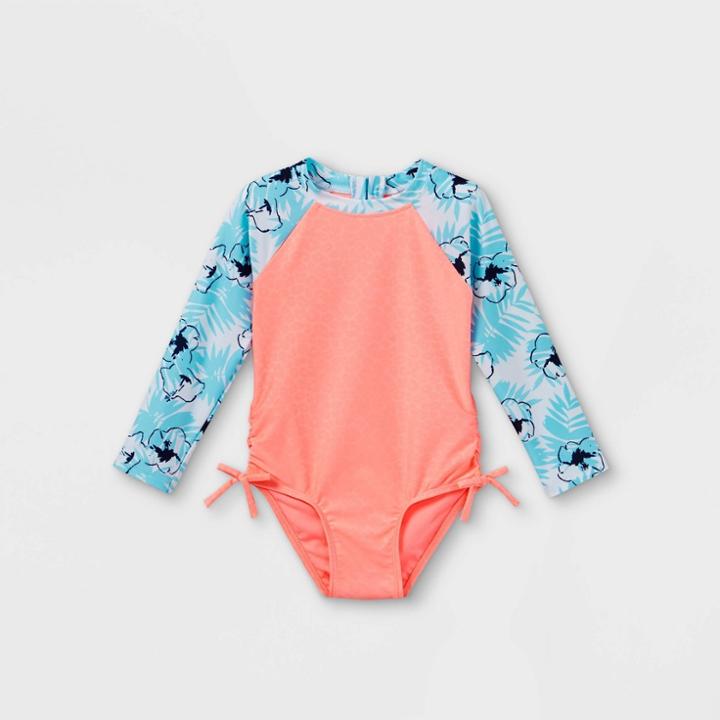 Toddler Girls' Embossed Animal Print Long Sleeve One Piece Rash Guard - Cat & Jack Coral