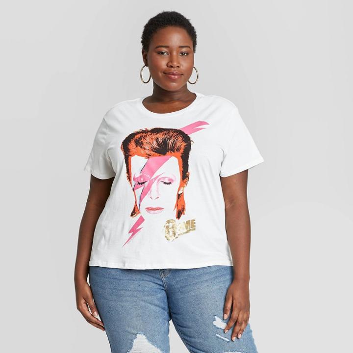 Live Nation Women's David Bowie Plus Size Short Sleeve Graphic T-shirt - Cream