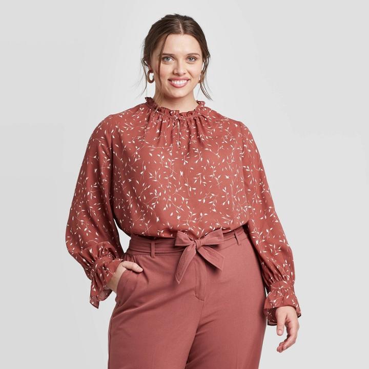 Women's Plus Size Floral Print Long Sleeve Crewneck Detail Blouse - Ava & Viv Mauve X, Women's, Purple