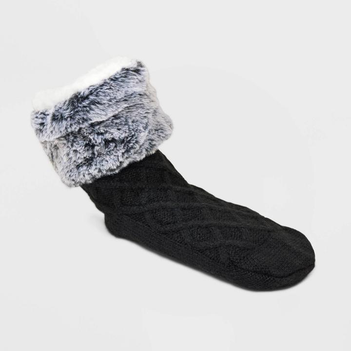 No Brand Women's Cable Knit Faux Shearling Lined Booties With Faux Fur Cuff & Grippers - Black