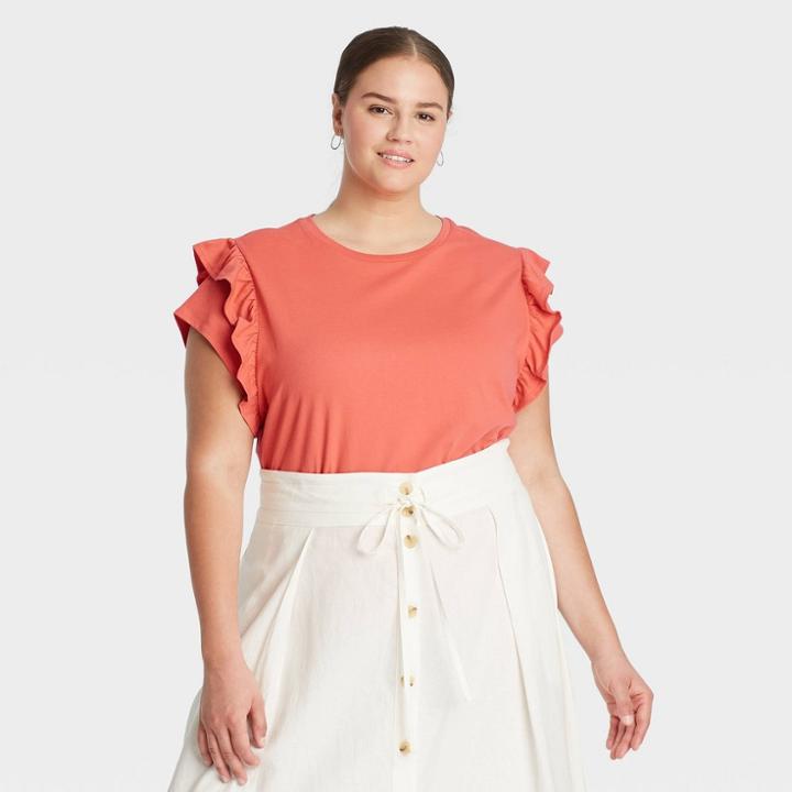 Women's Plus Size Flutter Short Sleeve Ruffle T-shirt - A New Day Coral Orange