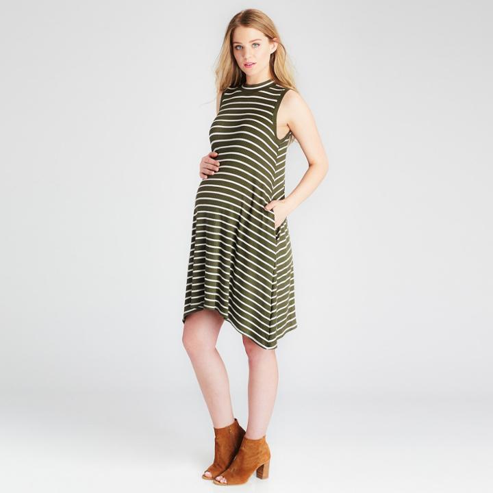 Maternity Striped Mock Swing Dress - Expected By Lilac Olive/ivory M, Women's, Green White