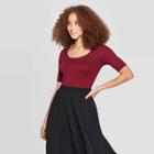 Women's Regular Fit Elbow Sleeve Scoop Neck T-shirt - A New Day Burgundy