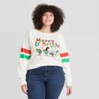 Women's Peanuts Plus Size Merry And Bright Holiday Long Sleeve Graphic T-shirt - Ivory