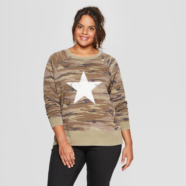 Women's Plus Size Star Camouflage Print Graphic Sweatshirt - Grayson Threads (juniors') Green