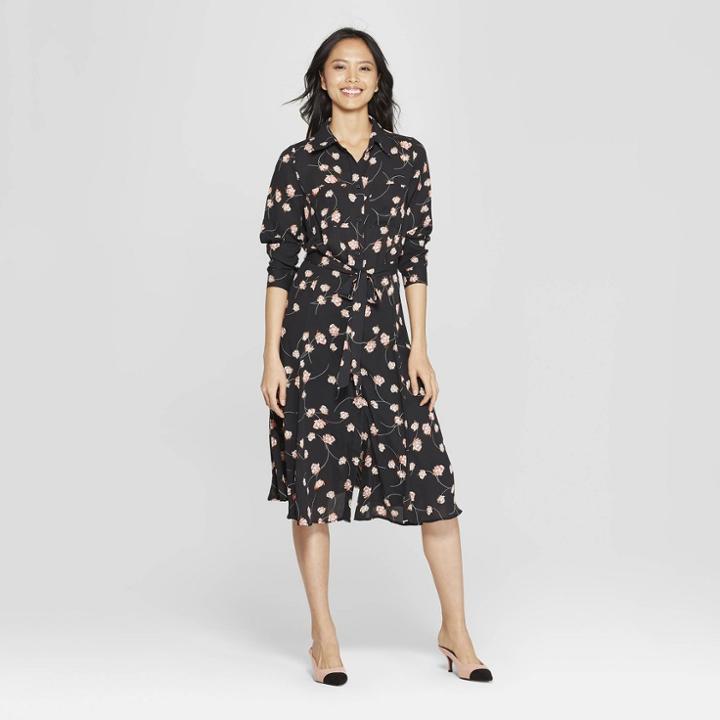 Women's Floral Print Long Convertible Sleeve Button Detailed Shirtdress - Who What Wear Black