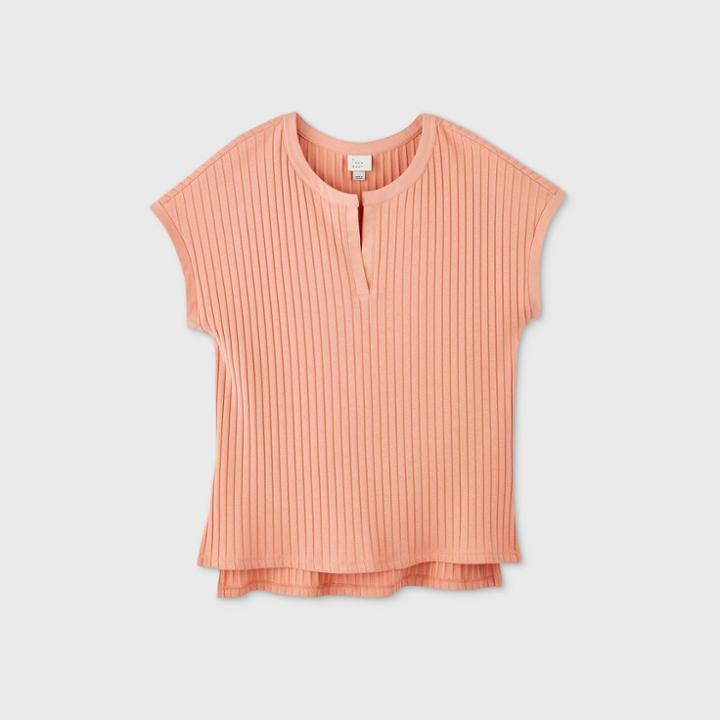 Women's Short Sleeve V-neck Wide Rib Top - A New Day Coral Xs, Women's, Pink