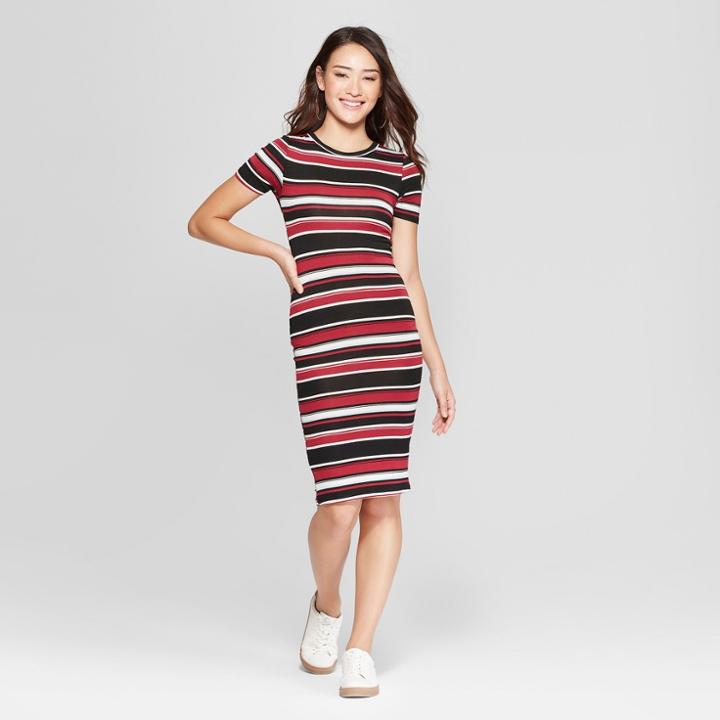 Women's Striped Short Sleeve Bodycon Dress - Almost Famous (juniors') Wine/blue