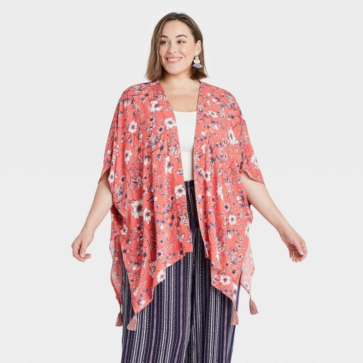 Women's Plus Size Floral Print Short Sleeve Kimono Jacket - Knox Rose Pink X/1x
