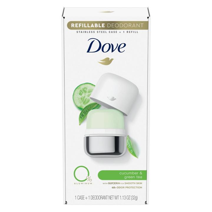 Dove Beauty 0% Aluminum Cucumber & Green Tea 48-hour Refillable Deodorant Stick - 1 Stainless Steel Case + 1 Refill