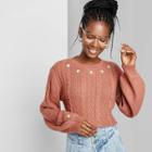 Women's Floral Print Crewneck Embroidered Cropped Cable Knit Pullover Sweater - Wild Fable