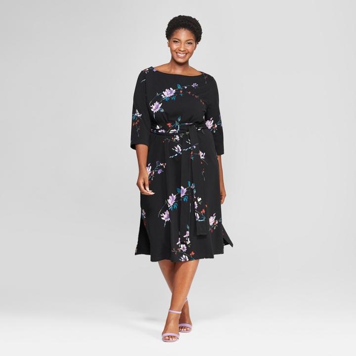 Women's Plus Size Floral Print Midi Knit Dress - Ava & Viv Black