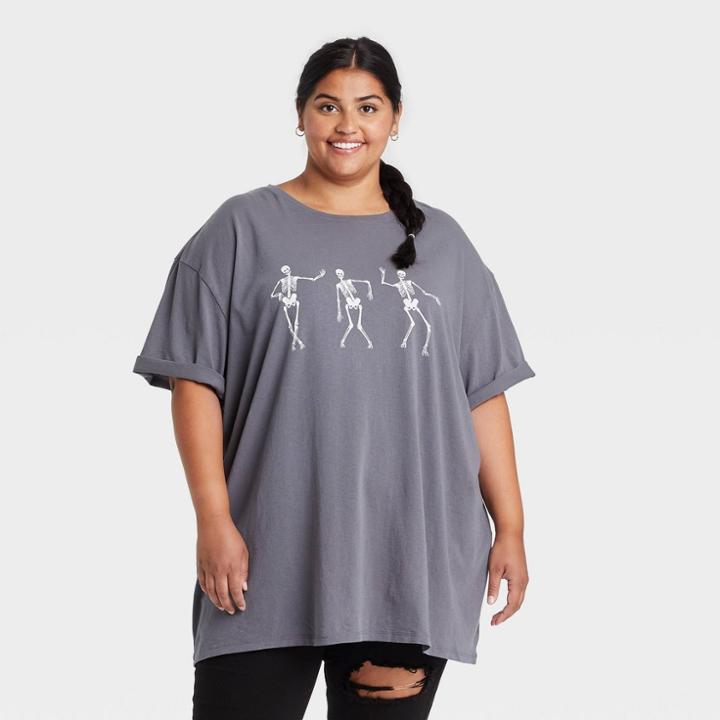 Grayson Threads Women's Plus Size Halloween Dancing Skeleton Short Sleeve Oversized Graphic T-shirt - Gray