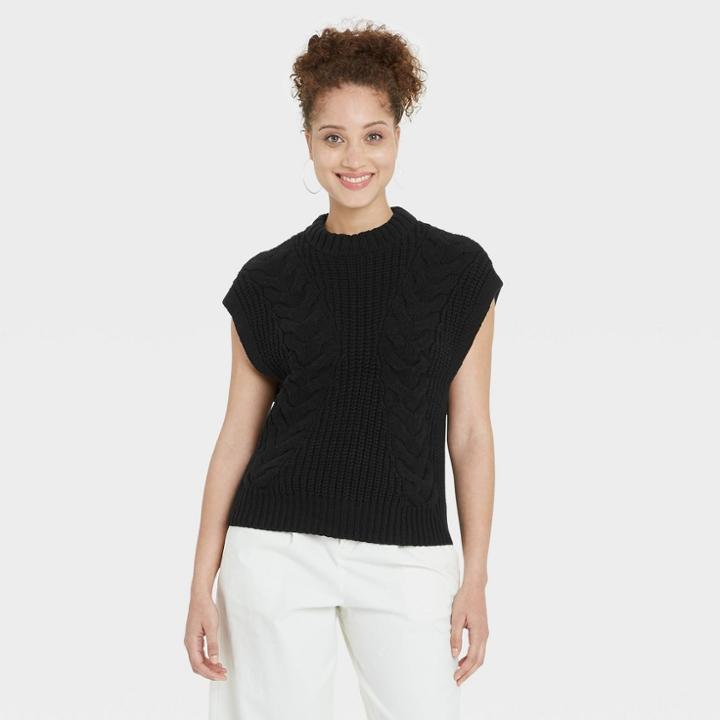 Women's Crewneck Cable Knit Sweater Vest - A New Day Black
