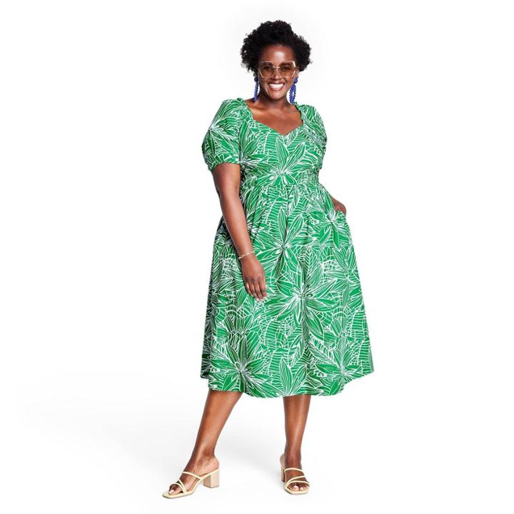 Women's Plus Size Linear Floral Print Short Sleeve Tie-back Dress - Tabitha Brown For Target Green
