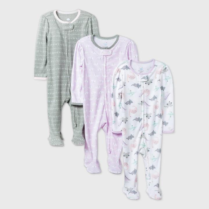 Baby Girls' 3pk Dino Dreams Sleep N' Play - Cloud Island Purple/white/gray Newborn