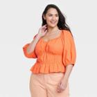 Women's Plus Size Puff Elbow Sleeve Linen Shirt - A New Day Orange