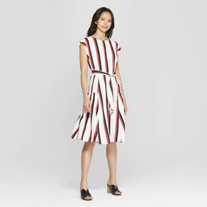 Women's Striped Short Sleeve Crew Neck Tie Waist Dress - Who What Wear Tan/black