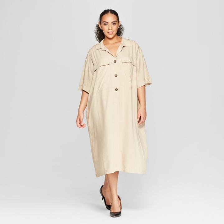 Women's Plus Size Short Sleeve Duo Front Pocket Button Detail Utility Dress - Who What Wear Taupe (brown)