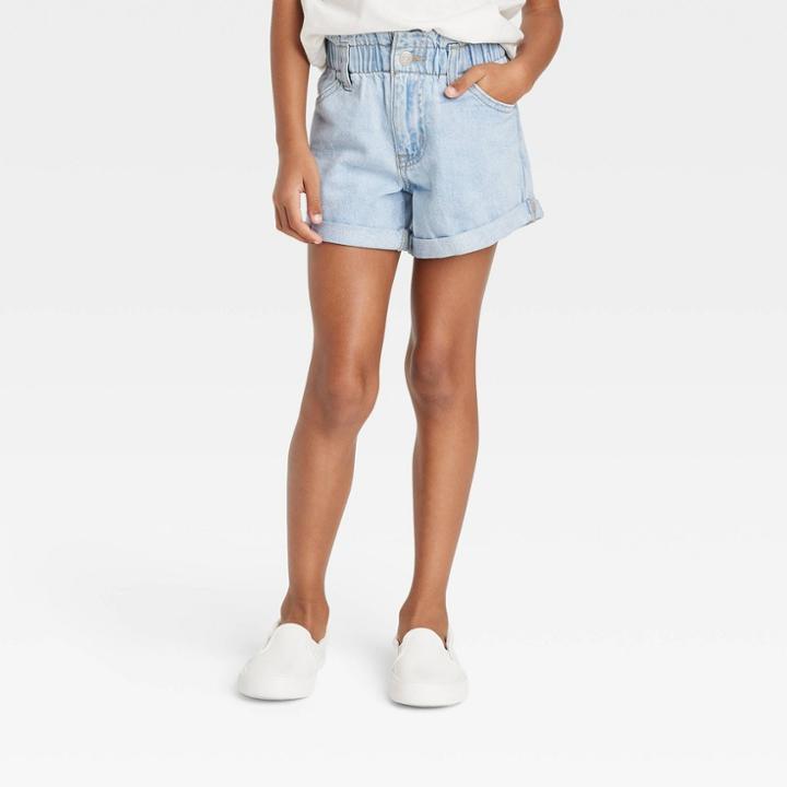 Girls' High-rise Paper Bag Jean Shorts - Cat & Jack Light Wash