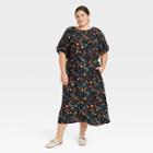 Women's Plus Size Puff Short Sleeve Dress - A New Day Black Floral