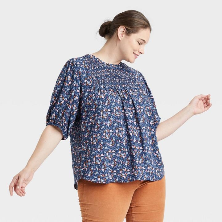 Women's Plus Size Bishop 3/4 Sleeve Smocked Top - Knox Rose Navy Floral 4x, Blue Floral