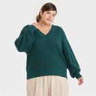 Women's Plus Size V-neck Pullover Sweater - A New Day Teal