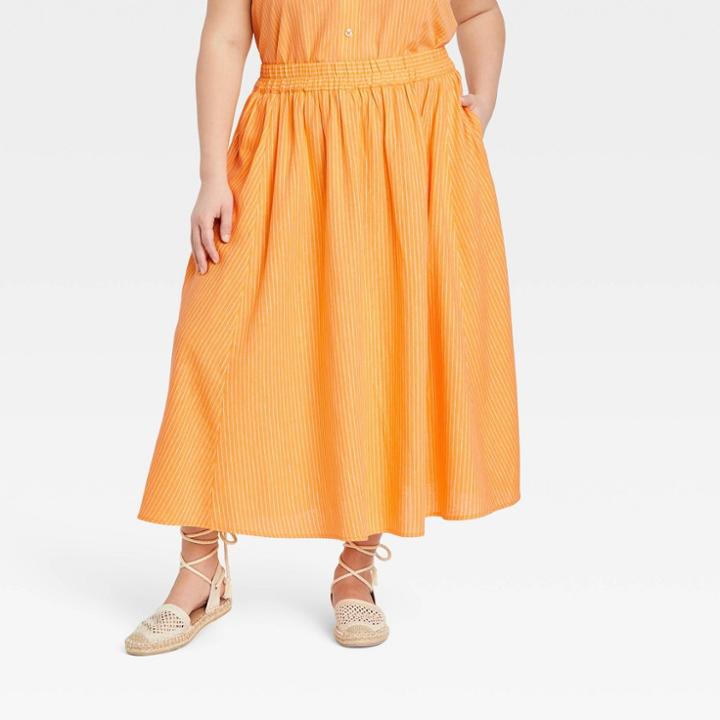 Women's Plus Size Smocked Waist Mid-rise Linen A-line Skirt - A New Day Orange