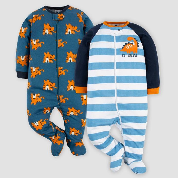Gerber Baby Boys' 2pk Dinos/tiger Sleep N' Play - Blue/white/orange