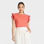 Women's Flutter Short Sleeve Ruffle T-shirt - A New Day Coral Orange