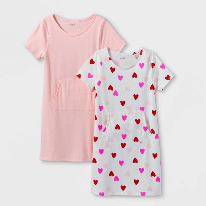 Girls' 2pk Adaptive Abdominal Access Valentines Short Sleeve Dress - Cat & Jack Powder Pink/cream
