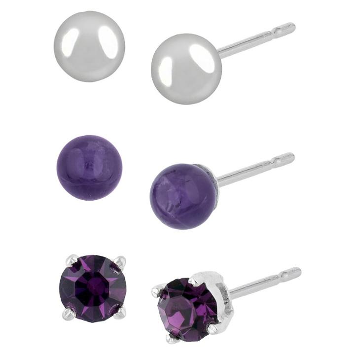 Target Women's Sterling Silver Set Of 3 Ball And Amethyst Stud Earrings -