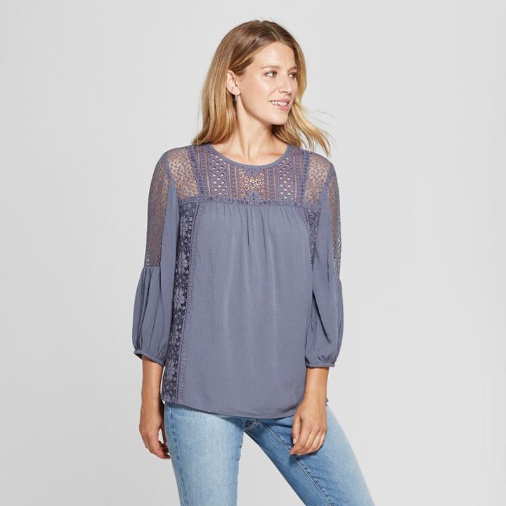 Women's 3/4 Sleeve Open Lace Knit To Woven Top - Knox Rose Blue