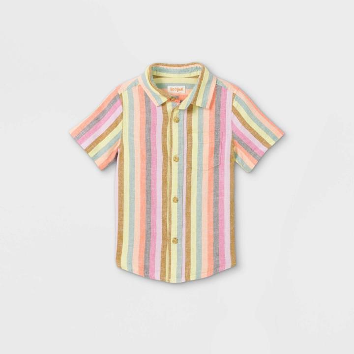 Toddler Boys' Striped Linen Woven Short Sleeve Button-down Shirt - Cat & Jack Pink