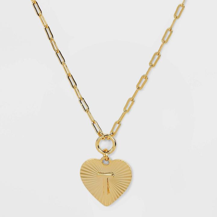 14k Gold Dipped 't' Initial Diamond Cut Heart Pendant Necklace - A New Day Gold