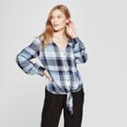 Women's Plaid Long Sleeve Tie Front Top - Knox Rose Blue