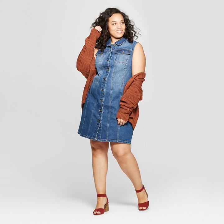 Women's Plus Size Sleeveless Collared Denim Dress - Universal Thread Blue