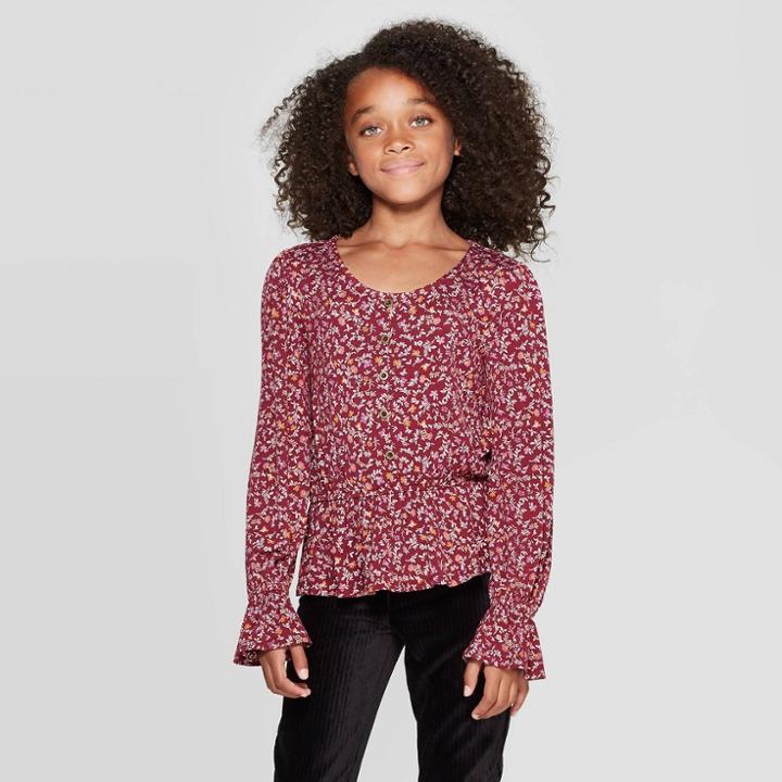 Girls' Long Sleeve Half Button-front Peplum Top - Art Class Pink