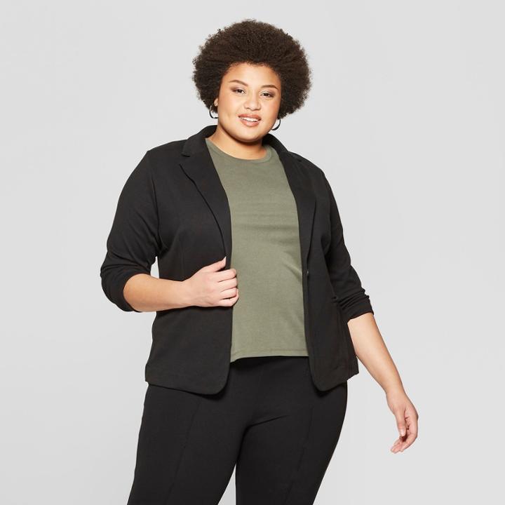 Women's Plus Size Knit Blazer - Ava & Viv Black/white