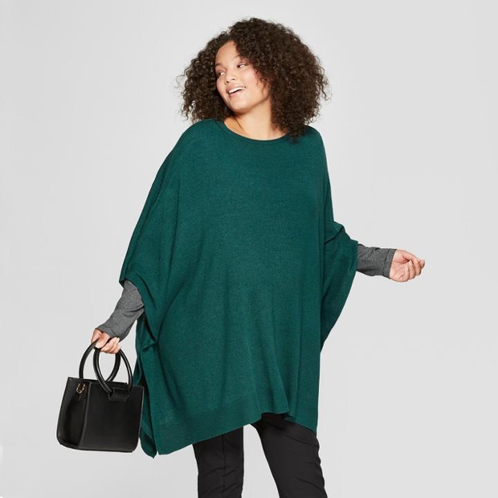 Women's Plus Size Boatneck Knit Poncho Sweater - A New Day Green