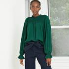 Women's Long Sleeve Smocked Blouse - A New Day Green