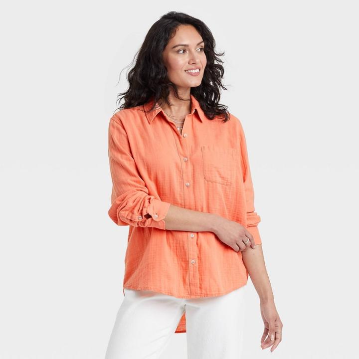 Women's Long Sleeve Relaxed Fit Gauze Button-down Shirt - Universal Thread Coral Orange