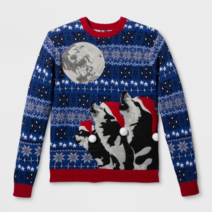33 Degrees Men's Ugly Christmas Three Wolf Moon Long Sleeve Pullover Sweater - Royal Blue