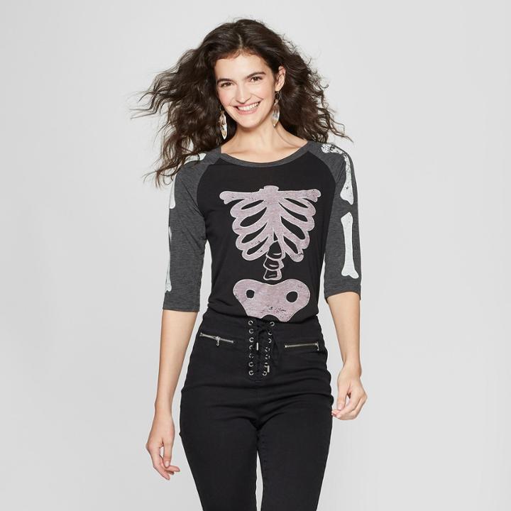 Women's Long Sleeve Skeleton Raglan Graphic T-shirt - Zoe+liv Charcoal