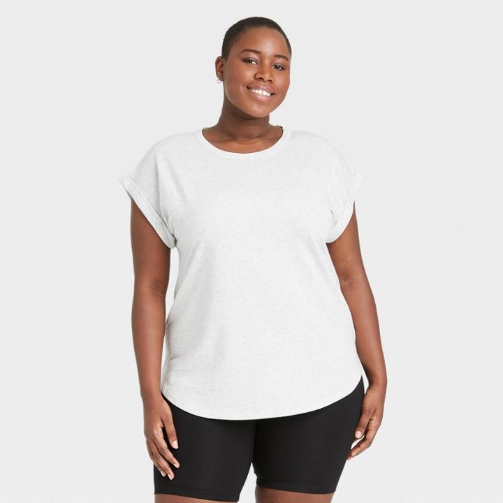 Women's Plus Size Striped Round Neck Cuffed T-shirt - Ava & Viv Gray X