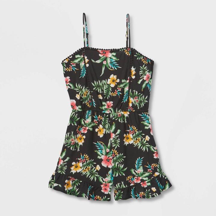 Girls' Lace Trim Romper - Art Class Black Floral