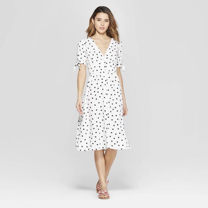 Women's Polka Dot Short Sleeve V-neck Crepe Dress - A New Day Cream/black