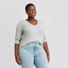 Women's Plus Size Long Sleeve V-neck Pointelle T-shirt - Universal Thread Heather Gray